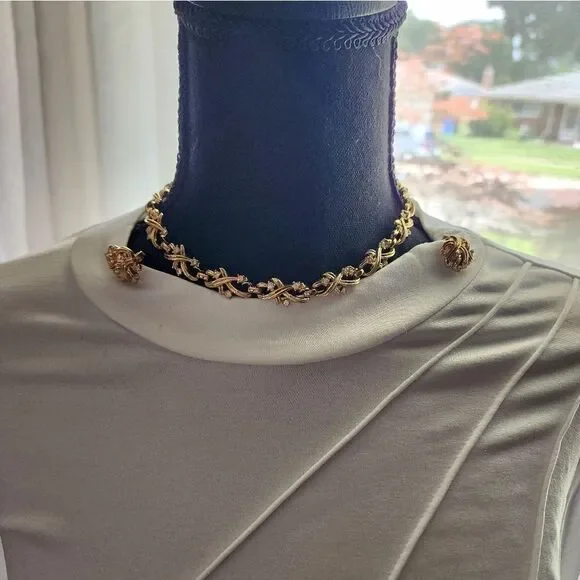 TRIFARICROWNGOLDTONE AND RHINESTONE NECKLACE & EARRINGS SET